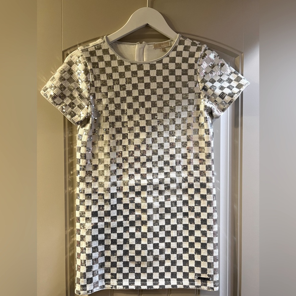 EUC, Michael Kors, girls size 10 silver and white checked sequin dress.